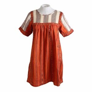 Kopal Rust Orange Cotton Geometric Print Mini Dress S Boho Folk Indie Artsy
